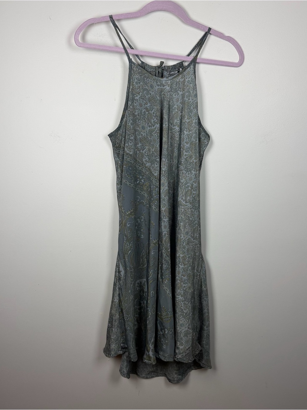 Earthbound Trading Co Gray Green Paisley Halter Short Dress Medium Boho Hippie